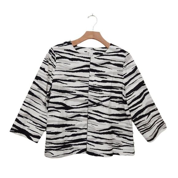 Chico's Jacket Womens Medium White Black Lined 3/4 Sleeve Round Neck Zebra Print - Picture 1 of 10